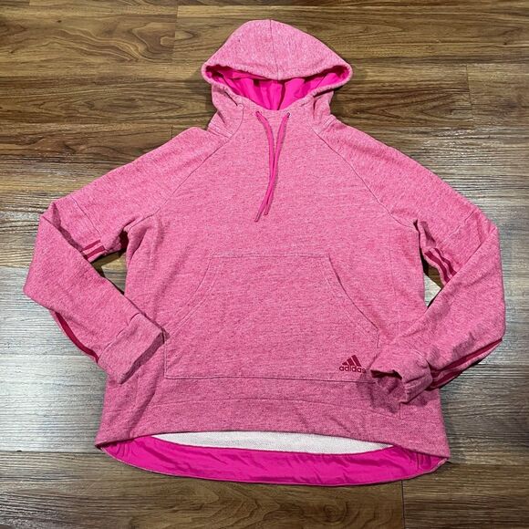 Adidas Womens Large Pink Pullover Hoodie Sweatshirt Kangaroo Pocket Hi Low Hem - Picture 1 of 8